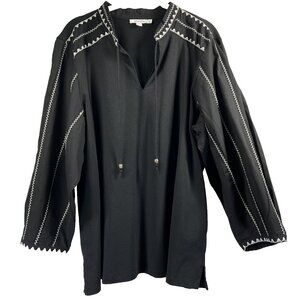 Chicos Top Blouse XL Solid Black White Embroidered‎ Balloon Sleeve Bohemian